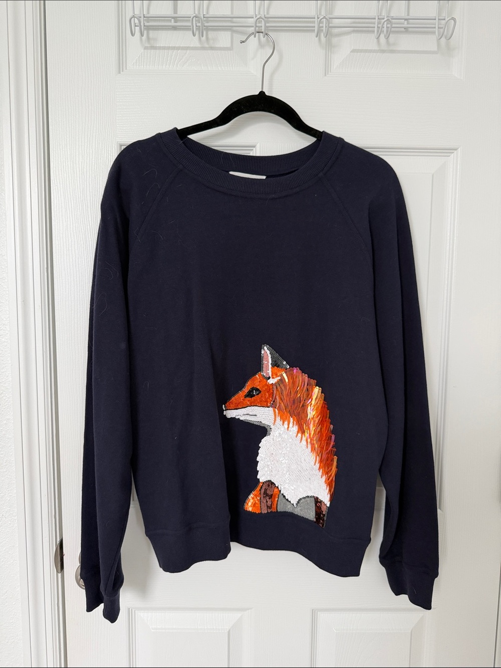 Anthropologie Navy Crewneck Sweater with Orange Fox Patch